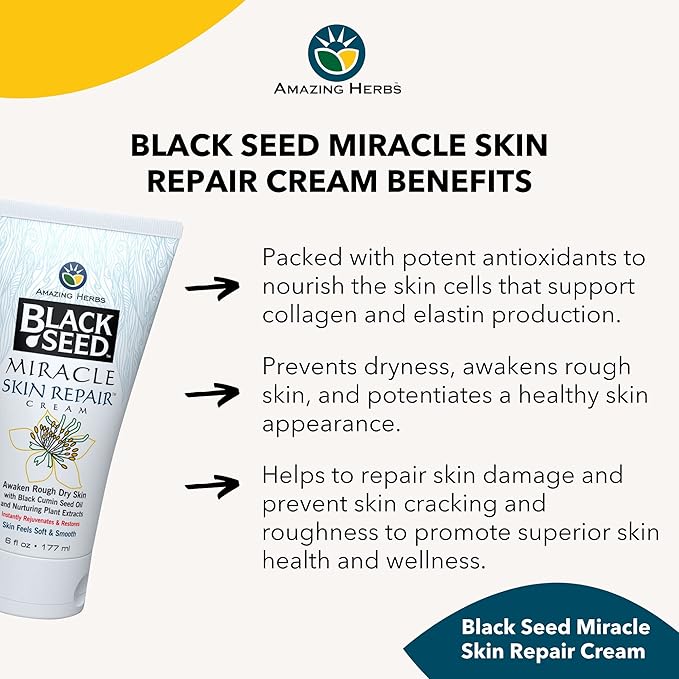 Amazing Herbs Black Seed Miracle Skin Repair Cream - Non-Allergenic Formula, Black Cumin Seed Oil, Vitamin E, and Other Essential Oils Support Collagen & Elastin Production - 6 Fl Oz