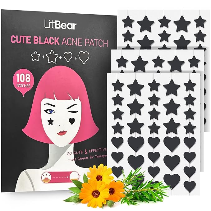 LitBear Acne Patch Pimple Patch, Black Star & Heart Shaped Acne Absorbing Cover Patch, Hydrocolloid Acne Patches For Face Zit Patch Pimple Sticker Acne Dots, Tea Tree Oil + Centella (108 Count)