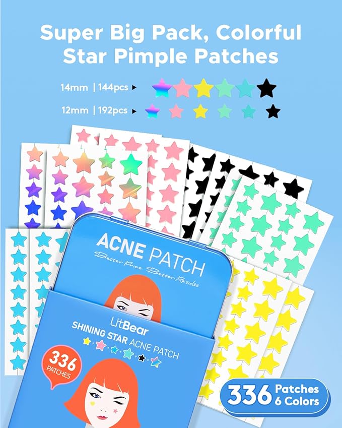 LitBear Acne Patch Pimple Patch, 6 Colors 336 Dots Star Pimple Patches with Tea Tree Oil & Centella Oil, Hydrocolloid Acne Pimple Patches for Face Cute Zit Patches Pimple Stickers Acne Dots