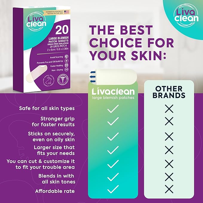 20 CT LivaClean Large Hydrocolloid Acne Patches - for Pore Spots Nose Face Cystic Pimple Zit Patch - Big Pimple Patches Hydrocolloid Bandages Strips