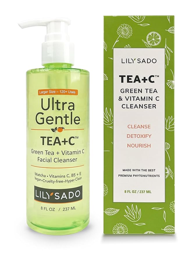 LILY SADO TEA+C™ Green Tea & Vitamin C Face Cleanser – Natural Vegan Antioxidant Daily Face Wash with Aloe, Rosehip, Meadowfoam - Gentle Deep Cleansing for Acne, Blackheads, Blemishes. 8 oz