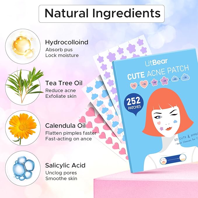 LitBear Acne Pimple Patch, 252 Dots 3 Shaped Colors Pimple Patches with Salicylic Acid, Tea Tree Oil & Calendula Oil, Hydrocolloid Acne Patch for Face, Blemish, Cute Zit Patch Pimple Sticker Acne Dots