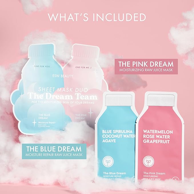 ESW Beauty The Dream Team Face Mask Duo – Hydrating & Moisture Repair Skincare Set – Includes The Pink Dream & Blue Dream – Vegan, Cruelty-Free, Clean Skincare for Glowing Skin