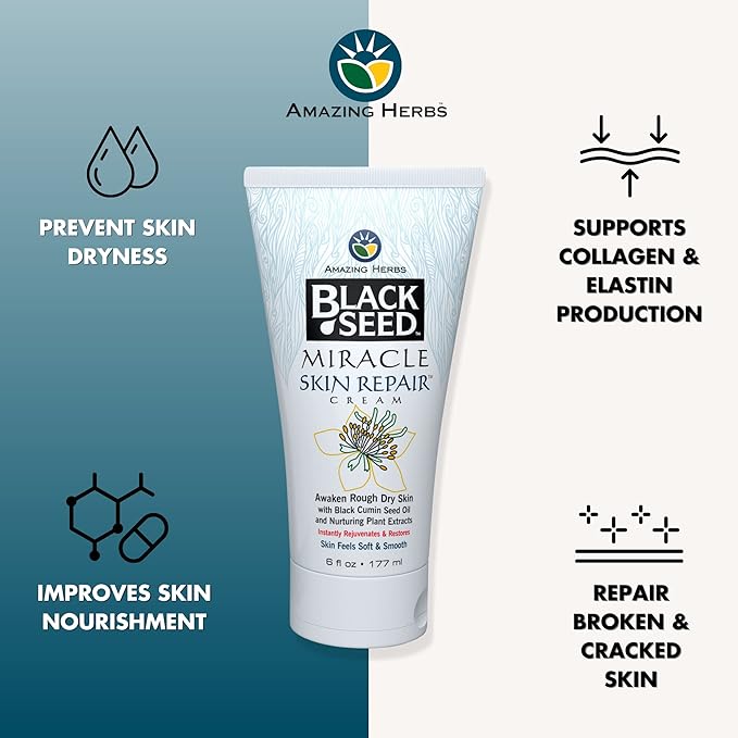 Amazing Herbs Black Seed Miracle Skin Repair Cream - Non-Allergenic Formula, Black Cumin Seed Oil, Vitamin E, and Other Essential Oils Support Collagen & Elastin Production - 6 Fl Oz