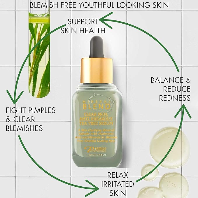 Clear skin, Anti-breakout Tea Tree serum for face and acne with Vitamin C,Salicylic Acid, Hyaluronic Acid and Minerals for blemish free youthful looking skin 1.02 Fl.Oz