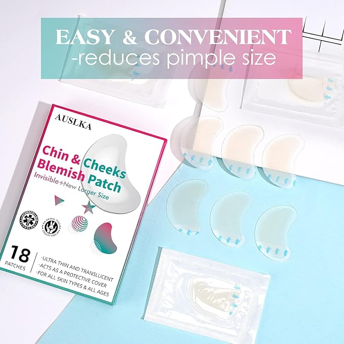 AUSLKA Pimple Patches for Face,Large Hydrocolloid Patches, Zit & Blemish, Large Spot Stickers for Chin, Cheeks, Body with Tea Tree & Calendula Oil, 18 Count