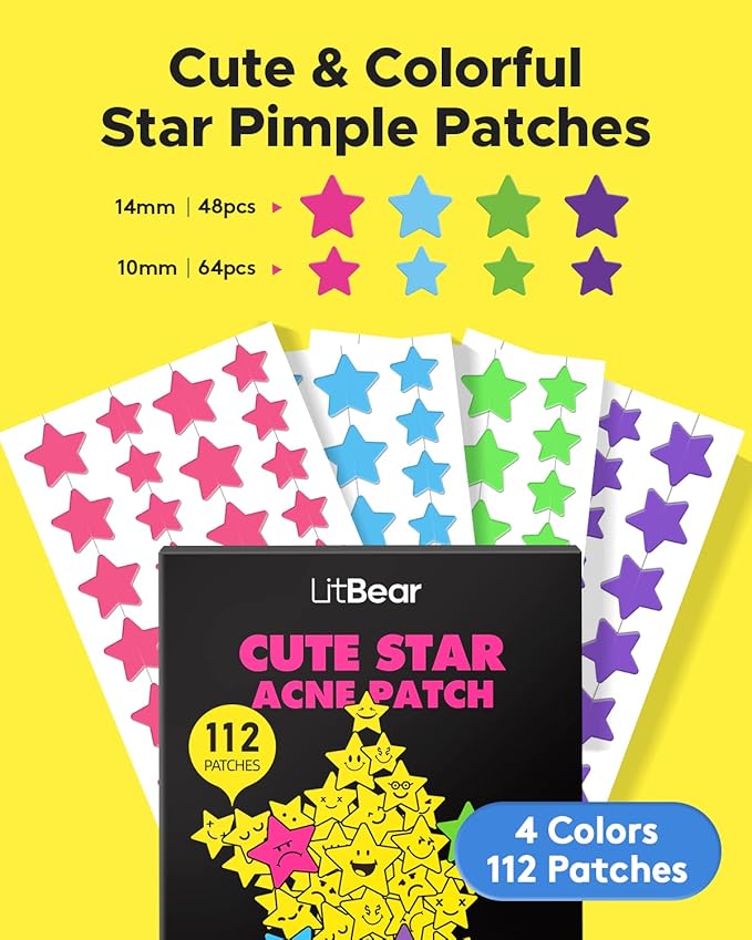 LitBear Acne Patch Pimple Patch, Colorful Star Hydrocolloid Acne Patches For Face, Cute Zit Patch Acne Sticker Spot Pimple Patches for Face, Tea Tree Oil + Centella (112 Count)