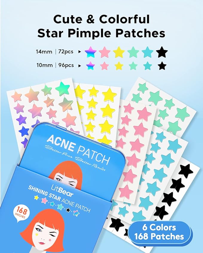 LitBear Acne Pimple Patch, 6 Colors 168 Dots Star Pimple Patches with Tea Tree Oil & Centella Oil, Hydrocolloid Acne Patches for Face Cute Zit Patches Pimple Stickers Acne Dots