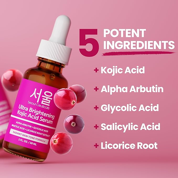 SeoulCeuticals Korean Skin Care Kojic Acid Serum Alpha Arbutin – Dark Spot Remover Corrector Glycolic Acid + Salicylic Acid K Beauty 1oz