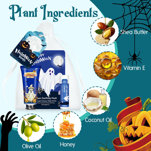 VESPRO 50 Pack Halloween Hand Cream, Facial Mask and Lip Balm Set, Bulk Halloween Gifts for Women, Halloween Decorations, Halloween Party Favors, Halloween Basket Stuffers and Halloween Skincare