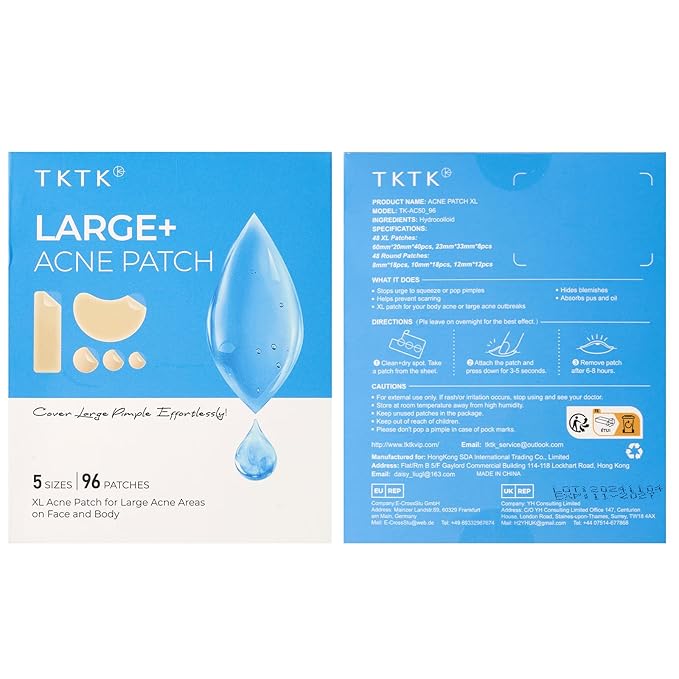 TKTK Large Pimple Patches for Face, XL Acne Patches 60 x 20 mm, Big Hydrocolloid Bandages for Body, Forehead, Chin, Neck Zit Breakouts, Hydrocolloid Patch (Strip, Contoured, Dot 5 Sizes 96 Count)