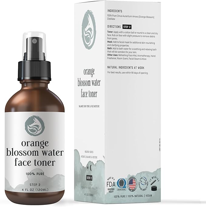 Orange Blossom Water Face Toner - Alcohol-Free Daily Facial Toner Spray 100% Natural for Sensitive Skin Acne and Breakouts - Best to Tone Tighten and Clear Pores - 120mL/4.oz by Foxbrim