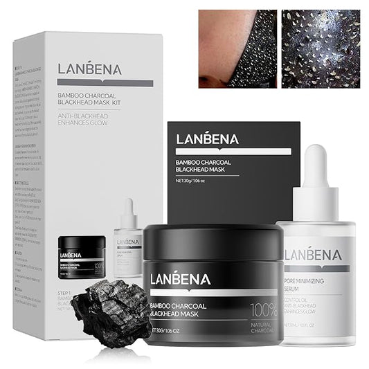 LANBENA 3-in-1 Blackhead Removal Set - Bamboo Charcoal Pore Strips (30g), Pore Minimizing Serum (30ml) & Removal Paper - Mask for Face, Minimizes Pores & Leaves Skin Fresh & Clean, Blackhead Remover
