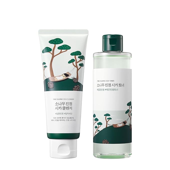 ROUND LAB Pine Calming Cica Cleanser + Calming Cica Toner, Hyaluronic Acid for Soothing, Exfoliating, and Restoring Skin Balance, Korean Skincare