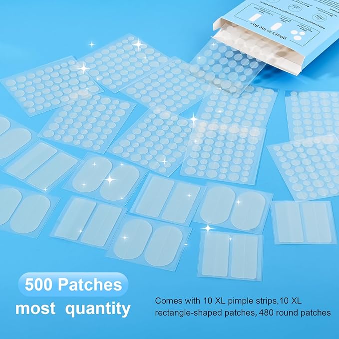 AUSLKA Large Pimple Patches for Face (5 Sizes 500 Patches), XL Hydrocolloid Pimple Patch, Big Hydrocolloid Zit Spot Patches for Breakouts, Body, Cheek, Forehead, Chin and Back