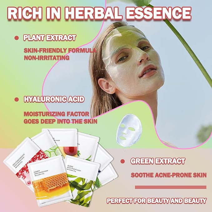 8PCS Face Masks Variety Set,Soft Long Lasting Hydrating Sheet Mask,Moisturizing Face Masks Skincare Set,Facial Mask Skin Care Gift Set Suitable for All Skin Types
