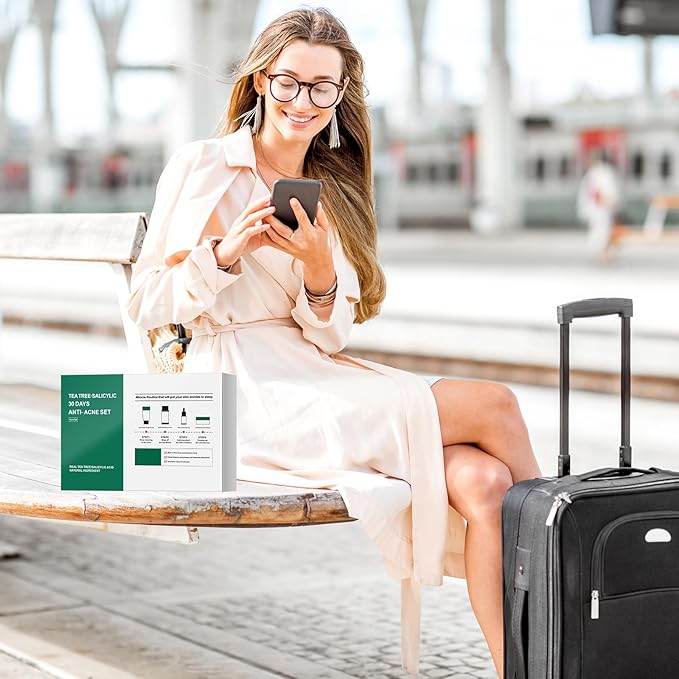 Tea Tree Salicylic Acid Facial Skin Care Set, Travel Size Gift Set Cystic Hormonal Acne Treatment Face Wash Cleanser, Facial Toner Cream Moisturizer Travel Essentials for Pimple Adult Oil Control Kit