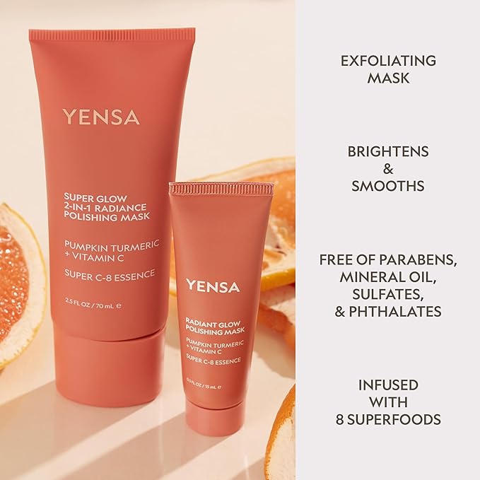 YENSA Super Glow Radiance Polishing Mask - 2-in-1 Face Exfoliator & Hydrating Mask with Pumpkin, Turmeric & Papaya - Hydrating, Radiance-Boosting & Soothing Exfoliant (2.5 Fl oz)