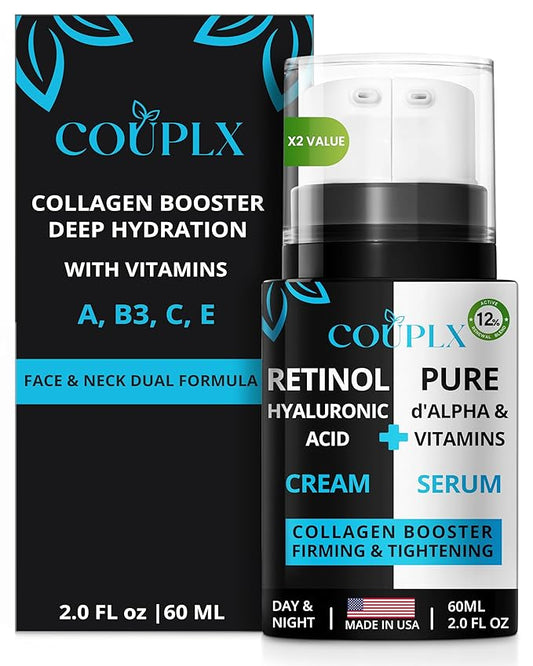 2-in-1 Collagen Booster, Retinol & Hyaluronic Acid Cream & Serum, Anti-Aging, Lifting Skin-Tightening Moisturizer for Men & Women, Neck and Décolleté, Made in USA Daily Moisturizer Face Cream, 2.0 oz