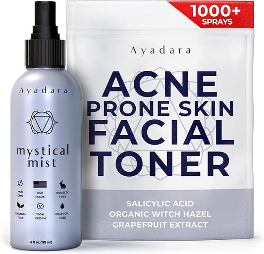 Acne Prone Skin Facial Toner | 2% Salicylic Acid Spray for Cystic & Hormonal Acne | Witch Hazel Face Toning Treatment for Women & Men | Acne Eliminating Mist | 1000+ Sprays