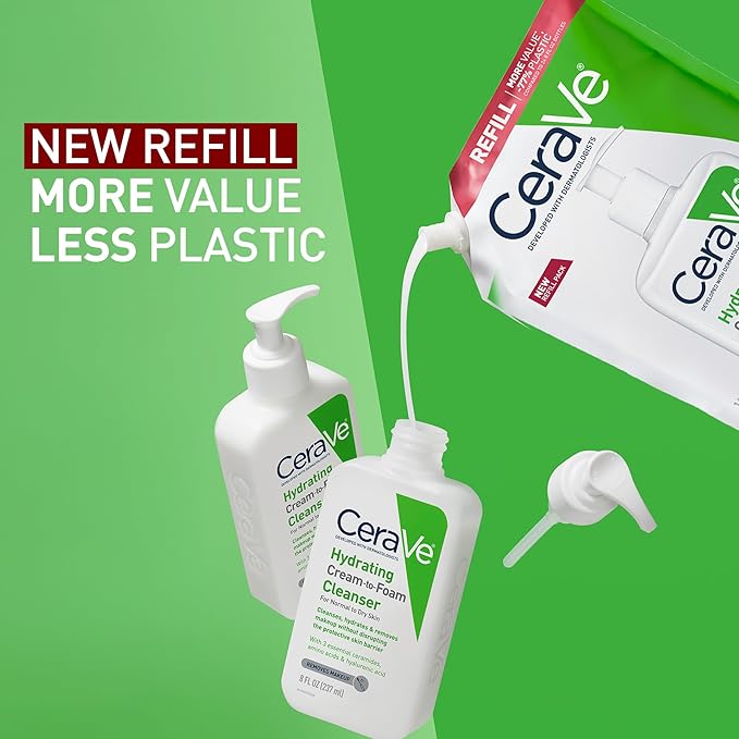 CeraVe Hydrating Cream To Foam Cleanser, Makeup Remover Face Wash For Dry Skin, Foaming Facial Cleanser With Hyaluronic Acid, Normal To Dry Skin, Fragrance Free & Non Comedogenic, 16 Ounce Refill