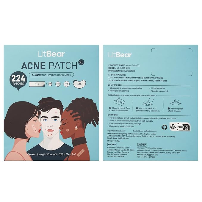 LitBear Large Pimple Patches, 5 Size 224 Count Big Acne Patches for Face, Chin, Forehead and Body, Zit Patches for Dots, Blemishes and Large Breakouts, Hydrocolloid Patch (XL Strip, Contoured, Round)