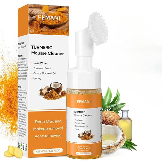 Turmeric Face Wash with Brush,Turmeric Facial Cleanser Foam,Foaming Face Cleanser,Deep Cleansing face Wash for All Type,3.38 fl.oz/pc