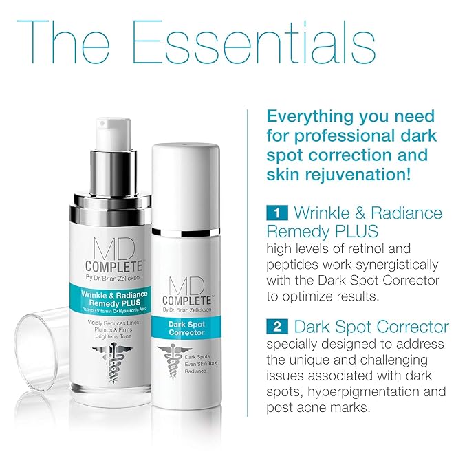 MD Complete Dark Spot Duo Professional Dermatologist Skin Rejuvenation including Dark Spot Corrector 1.0 Fl Oz and Wrinkle & Radiance Remedy PLUS 1.0 Fl Oz | Set of Two