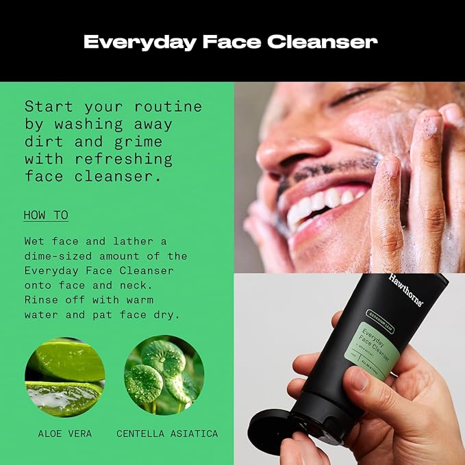 Hawthorne Men's Everyday Face Wash Cleanser With Aloe Extract and Calming Ceramides. For All Skin Types. Natural Ingredients, Vegan, Sulfate Free. 2-Pack, 4 Fl. Oz. Each