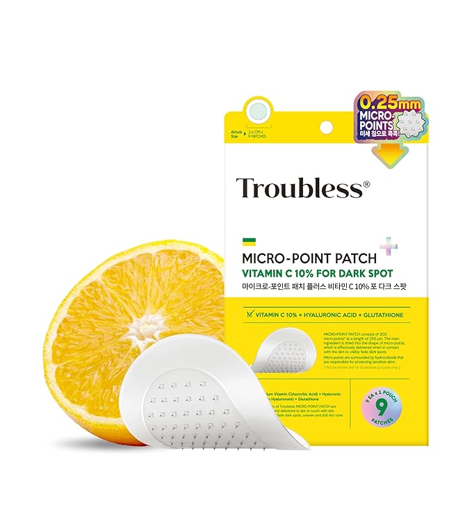 Troubless Micro Patch Plus Vitamin C - Zit Hydrocolloid Patch for Stubborn Marks with 10% Vitamin C - Micro-Dissolving Pyramids for High-Absorption, Seamless Adhesion & Easy-Wear (9 EA)