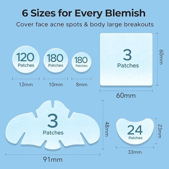 TKTK Pimple Patches for Face, 6 Sizes Hydrocolloid Acne Patch Variety, Large Acne Stickers for Cheeks, Forehead, Chin, Nose, Back Blemishes Zit Breakouts (4 Shapes 510 Count)