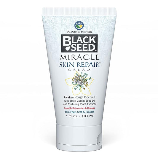 Amazing Herbs Black Seed Miracle Skin Repair Cream - Non-Allergenic Formula, Black Cumin Seed Oil, Vitamin E, & other Essential Oils, Supports Collagen & Elastin Production - 1 Fl Oz