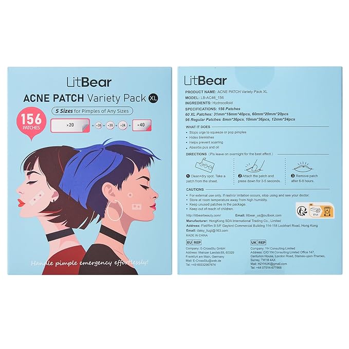 LitBear Large Pimple Patches, 5 Sizes 156 Patches Big Acne Patch, 60 XL Hydrocolloid Patch for Full Face, Forehead, Chin, Nose, Body, Back, Neck & Chest, Stirp, Square Large Hydrocolloid Bandages