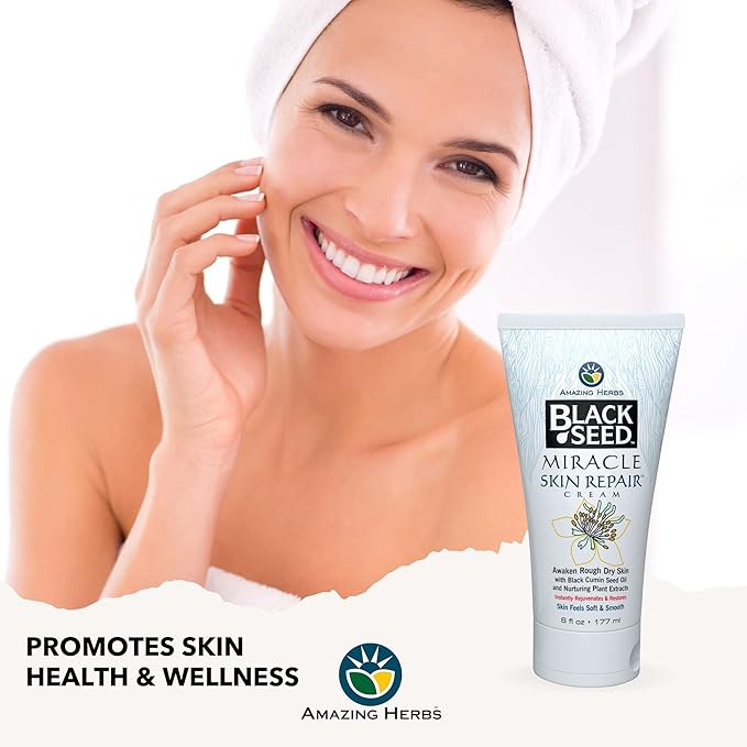 Amazing Herbs Black Seed Miracle Skin Repair Cream - Non-Allergenic Formula, Black Cumin Seed Oil, Vitamin E, and Other Essential Oils Support Collagen & Elastin Production - 6 Fl Oz