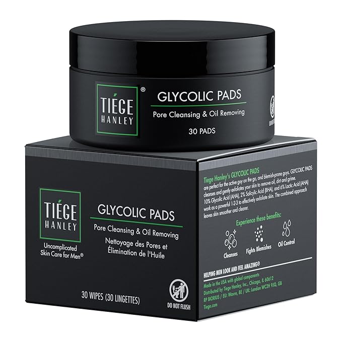 Tiege Hanley Glycolic Acid Pads for Men, 1-Pack - Exfoliating Face Cleansing Pads for Forehead, Nose & Cheeks - Men's Daily Skin Care Facial Wipes.18.5% Acid Complex (Glycolic, Salicylic & Lactic).