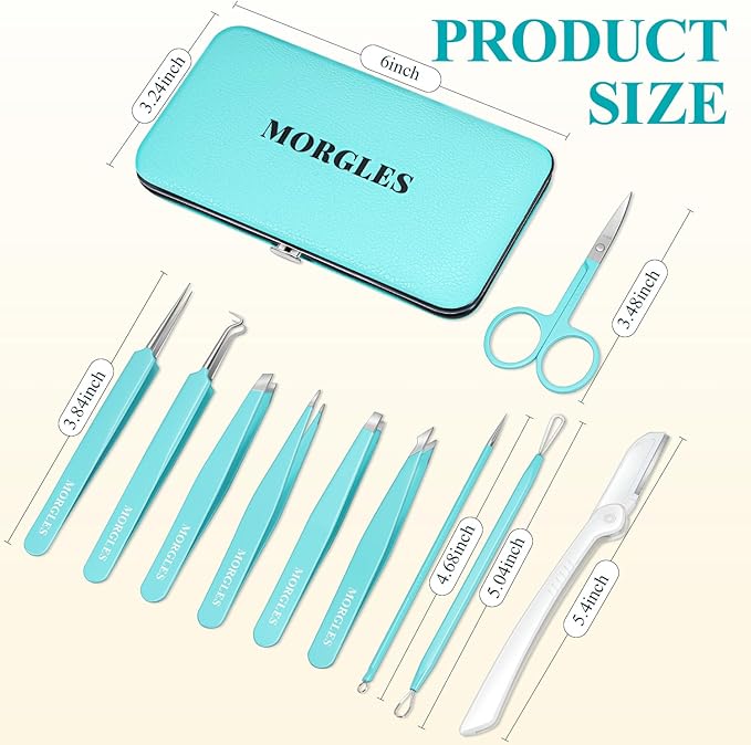 MORGLES Blackhead Remover and Pimple Popper Tool Kit, 10 Pcs Professional Acne Extractor Kit, Ingrown Hair Tweezers with Leather Travel Case for Face and Eyebrow Grooming