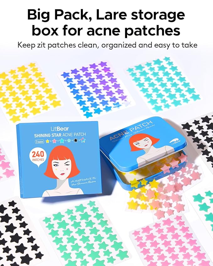 LitBear Acne Patch Pimple Patch, 6 Colors 240 Dots Star Pimple Patches with Tea Tree Oil & Centella Oil, Hydrocolloid Acne Pimple Patches for Face Cute Zit Patches Pimple Stickers Acne Dots