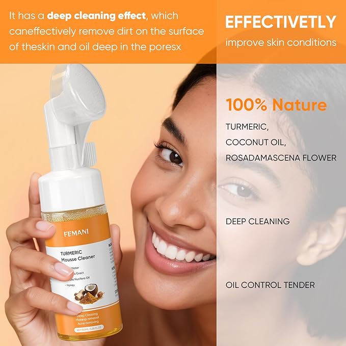 2Pcs Turmeric Face Wash with Brush,Turmeric Facial Cleanser Foam,Foaming Face Cleanser,Deep Cleansing face Wash for All Type,3.38 fl.oz/pc