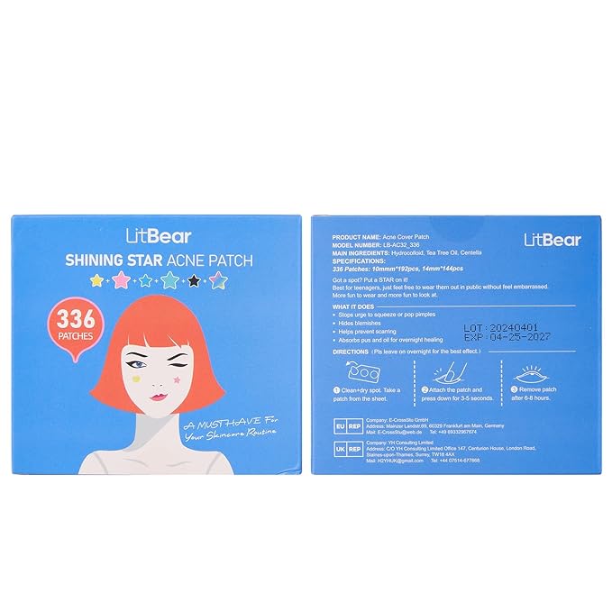 LitBear Acne Patch Pimple Patch, 6 Colors 336 Dots Star Pimple Patches with Tea Tree Oil & Centella Oil, Hydrocolloid Acne Pimple Patches for Face Cute Zit Patches Pimple Stickers Acne Dots