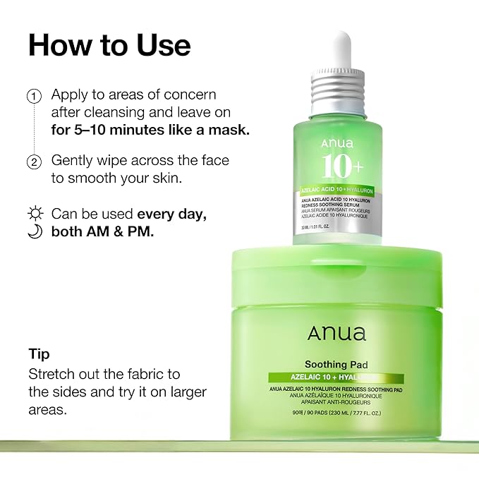 Anua Azelaic 10 Hyaluron Redness Soothing Pad, Troubled & Spot Care with Korean toner pads, Quick & Easy Stretchable Facial Mask with Azelaic acid, Hyaluronic Acid, Korean Skin Care (90 pads)
