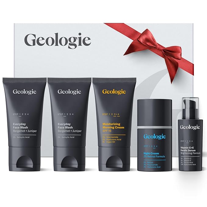 Geologie Skincare Hero Set | 5-Piece Kit Includes 2 Face Washes, SPF15 Moisturizer, Retinol Cream & Vitamin C Serum | Daily Routine for Clear, Healthy Skin for Men and Women | Lasts 3 Months