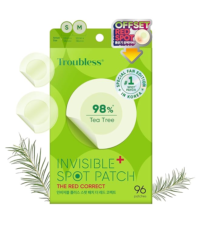 Troubless Invisible Plus Spot Patch The Red Correct - Thin Hydrocolloid w/ 98% Tea Tree Extract for Redness - High-Absorption, Seamless Adhesion & Easy-Wear Zit Patches for Face (96 ea)