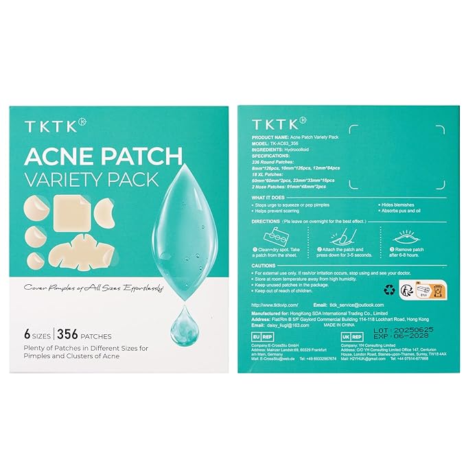 TKTK Pimple Patches for Face, 6 Sizes Hydrocolloid Acne Patch Variety, Large Acne Stickers for Cheeks, Forehead, Chin, Nose, Back Blemishes Zit Breakouts (4 Shapes 356 Count)