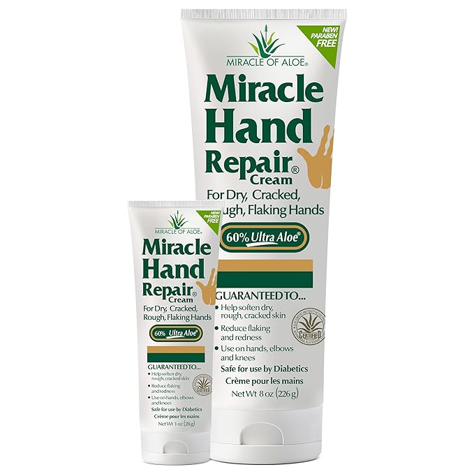 Miracle Hand Repair Cream (8 oz & 1 oz) Healing Aloe Vera Lotion for Dry, Cracked Hands with 60% Ultra Aloe Gel - Moisturizes, Softens, and Repairs - Non-Greasy, Lightly Scented