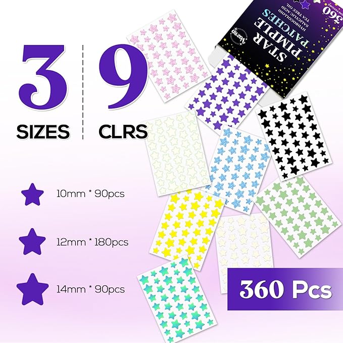 Star Pimple Patches 360 Counts, Hydrocolloid Pimples, w/Salicylic Acid & Tea Tree Oil, Pimple Patches for Face - Conceal Whiteheads, Blackheads And Blemishes, Ance (10mm,12mm,14mm)