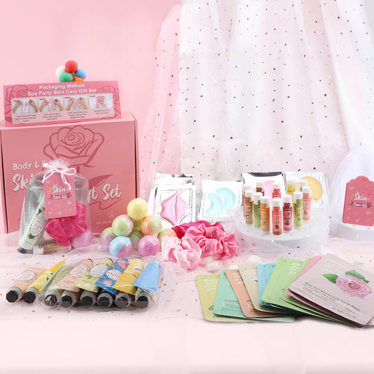 120 PCS Spa Party Supplies for Girls, Spa Party Favors Include Face Masks Skincare, Hand Cream, Lip Balm, Under Eye Patches, Lip Mask, Foot Bath Bombs, Bulk Birthday Sleepover Party Supplies for Women