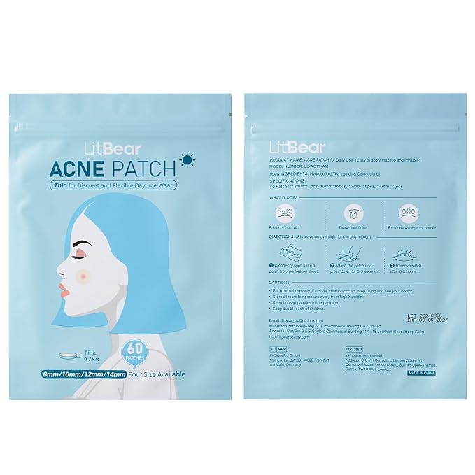 LitBear Acne Pimple Patches- Day and Night 4 Sizes 180 Dots Thin & Thick Hydrocolloid Patches with Witch Hazel, Tea Tree & Calendula Oil, Extra Adhesion for Face Zit Patch Dots