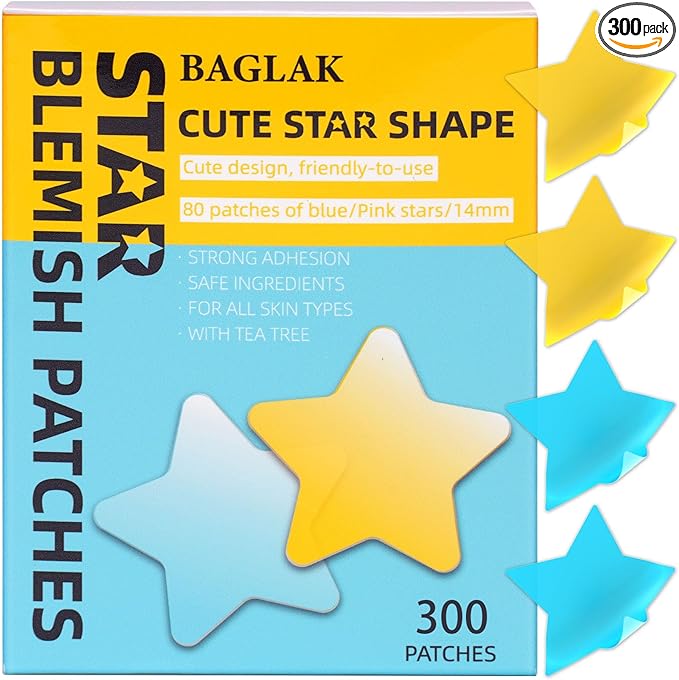 Star Pimple Patches - 300 Patches Hydrocolloid Patches, Star Shape Spot Dots,Yellow & Blue Blemish Patch, Cute Face Stickers