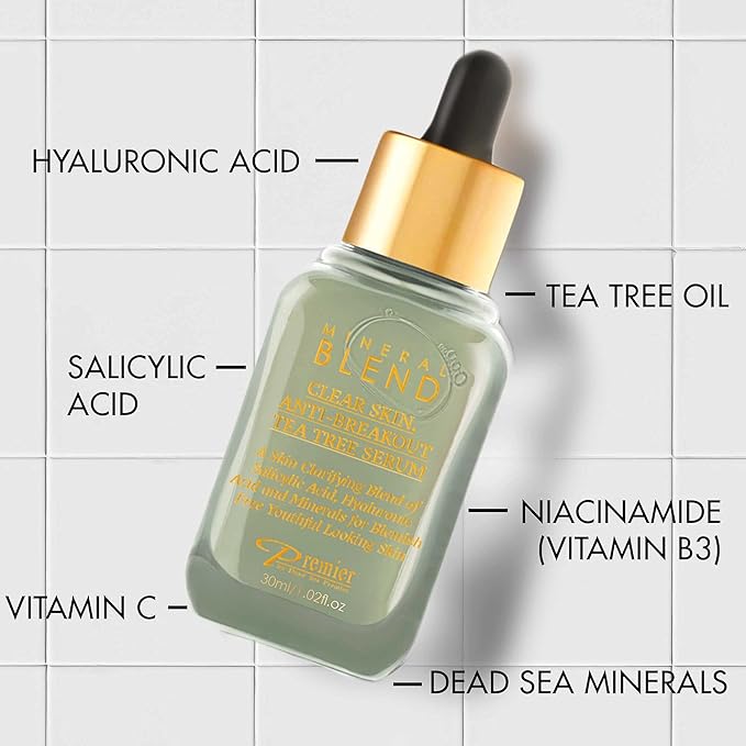 Clear skin, Anti-breakout Tea Tree serum for face and acne with Vitamin C,Salicylic Acid, Hyaluronic Acid and Minerals for blemish free youthful looking skin 1.02 Fl.Oz