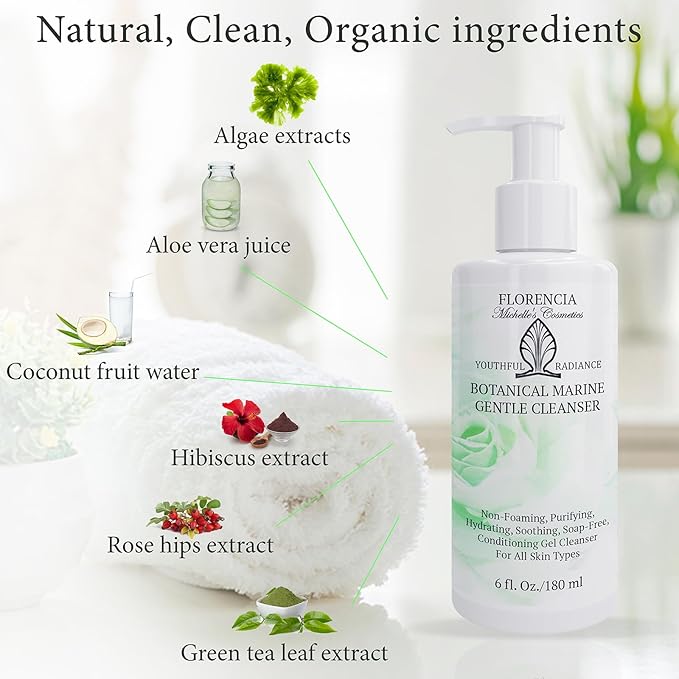 Florencia Botanical Marine Gentle Cleanser - Non-Foaming, Soap-Free, Hydrating Oil-Free Face Wash for Dry to Normal Skin - With Marine Algae & Organic Botanicals - Sensitive Skin, 6 oz